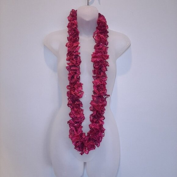 3/$20 Handmade Ruffled Sequin Infinity Scarf Magenta Stretchy Fall Winter - Picture 2 of 11